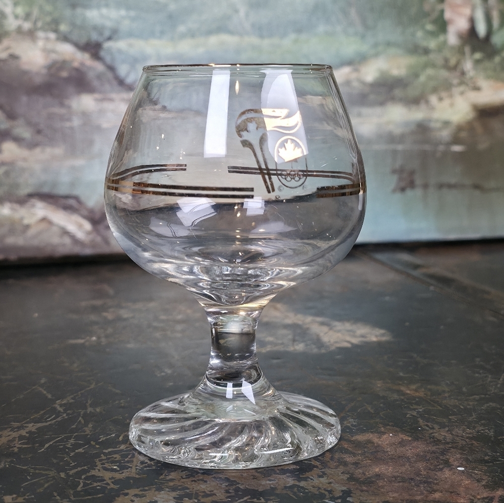 Vintage 1976 Montreal Olympics Brandy Snifter Liqueur Glass Gold Trim Logo